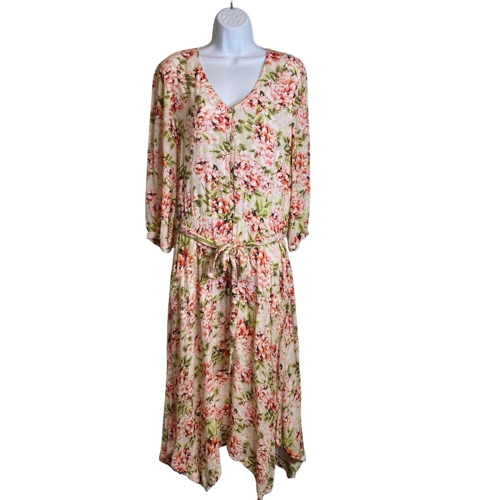 J Jill Women's Hydrangea Garden Print Dipped Hem Midi Dress Size‎ M Cottagecore
